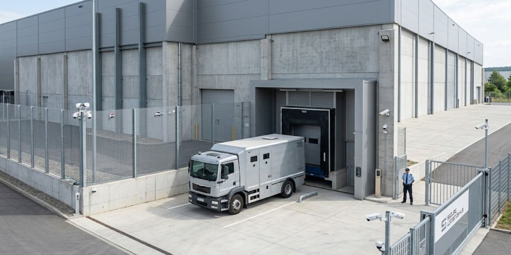 Exterior view of a valuables warehouse: Armored vehicle at a security loading lock. Reinforced façades, perimeter protection and cameras secure the supply chain.